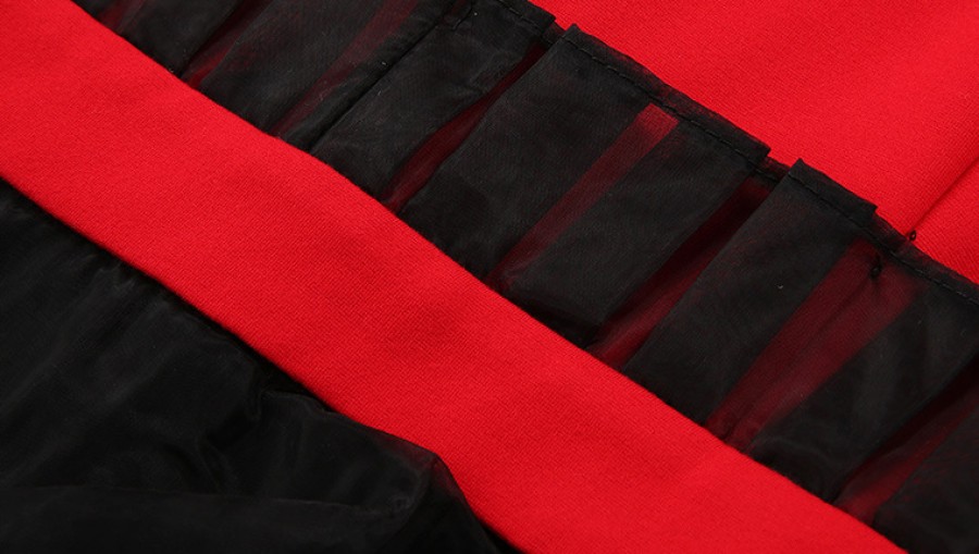 Raudona juoda suknelė, puošta organza S-XL  (VIN1308_1)