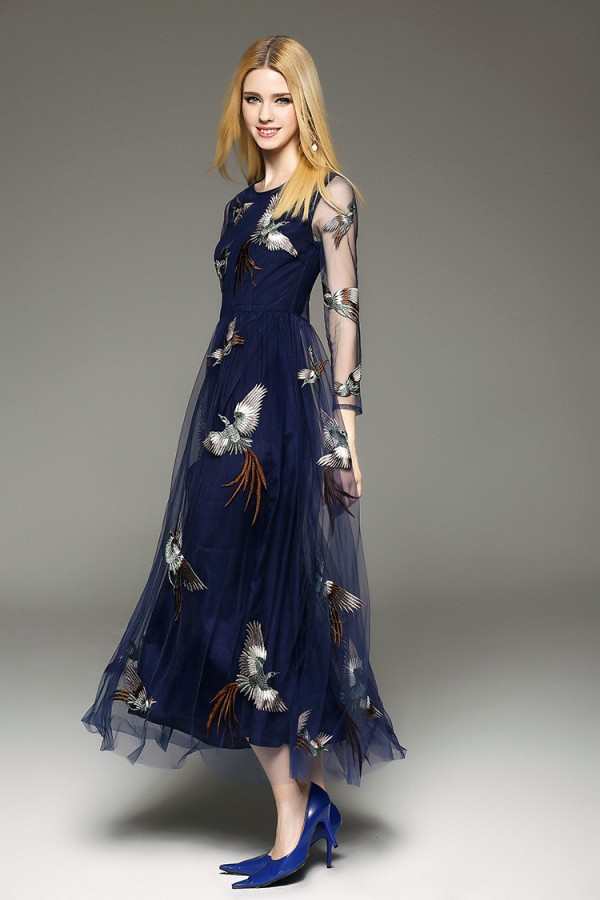 Mėlyna elegantiška tiulinė suknelė siuvinėta paukščių motyvais XS (VIN1165_1)