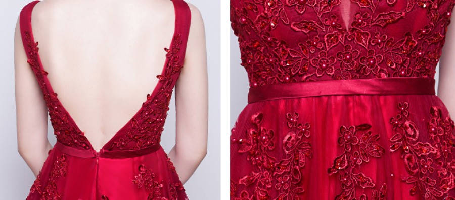 Raudona ilga tiulinė suknelė puošta nėriniais S/M  (VIN1140_1)