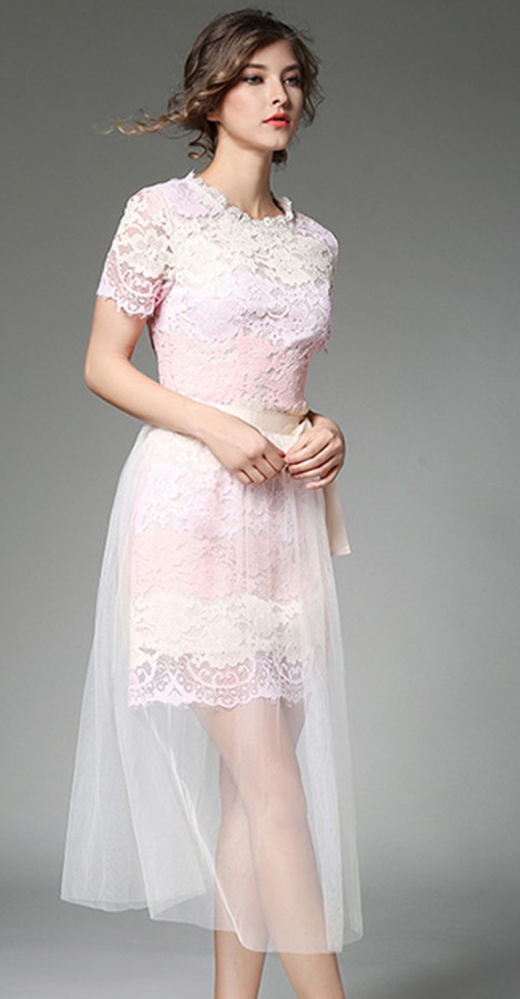 Rausva gipiūrinė suknelė su tiuliniu sijonu  M  (VIN1381_1)
